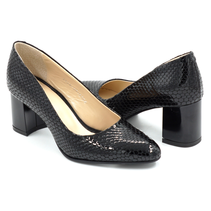 Pantofi dama din piele naturala lacuita croco negru cu varf ascutit si toc mic gros de 6 cm 0700-2-26 [3]