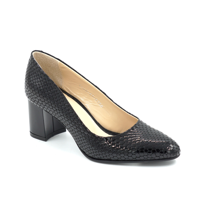 Pantofi dama din piele naturala lacuita croco negru cu varf ascutit si toc mic gros de 6 cm 0700-2-26 [2]