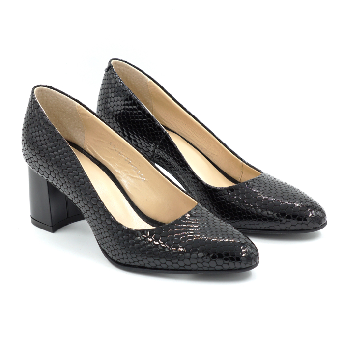 Pantofi dama din piele naturala lacuita croco negru cu varf ascutit si toc mic gros de 6 cm 0700-2-26 [4]