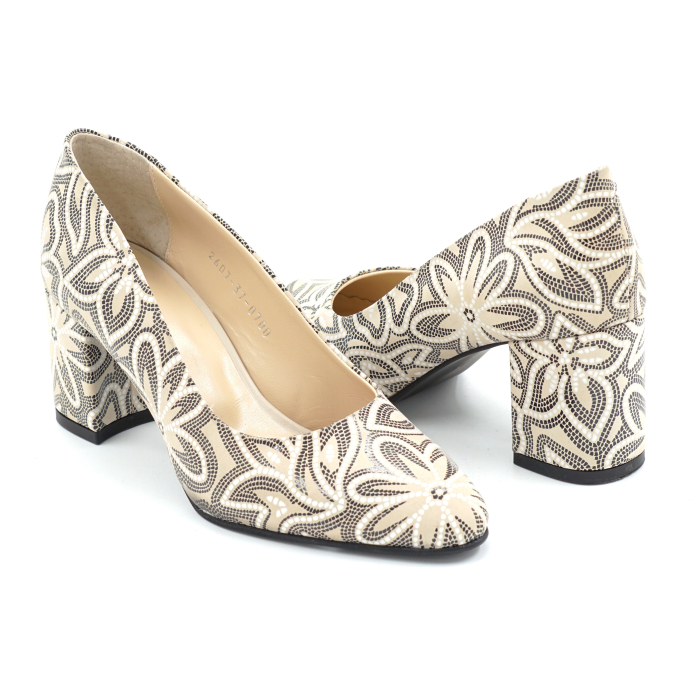 Pantofi dama din piele naturala nude bej cu imprimeu, cu varf ascutit si toc mic gros imbracat de 6 cm 0700-26 [4]