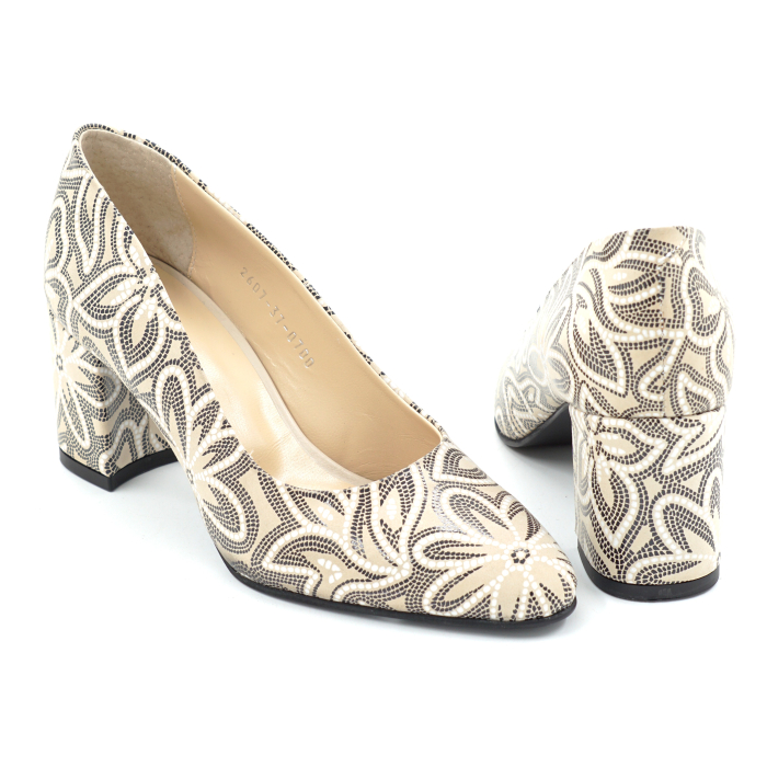 Pantofi dama din piele naturala nude bej cu imprimeu, cu varf ascutit si toc mic gros imbracat de 6 cm 0700-26 [5]