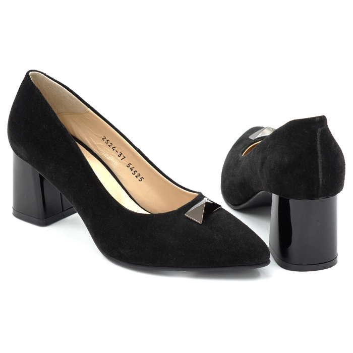 Pantofi dama din piele naturala intoarsa neagra cu varf ascutit stiletto si toc mc gros de 6 cm 54525-25 [3]