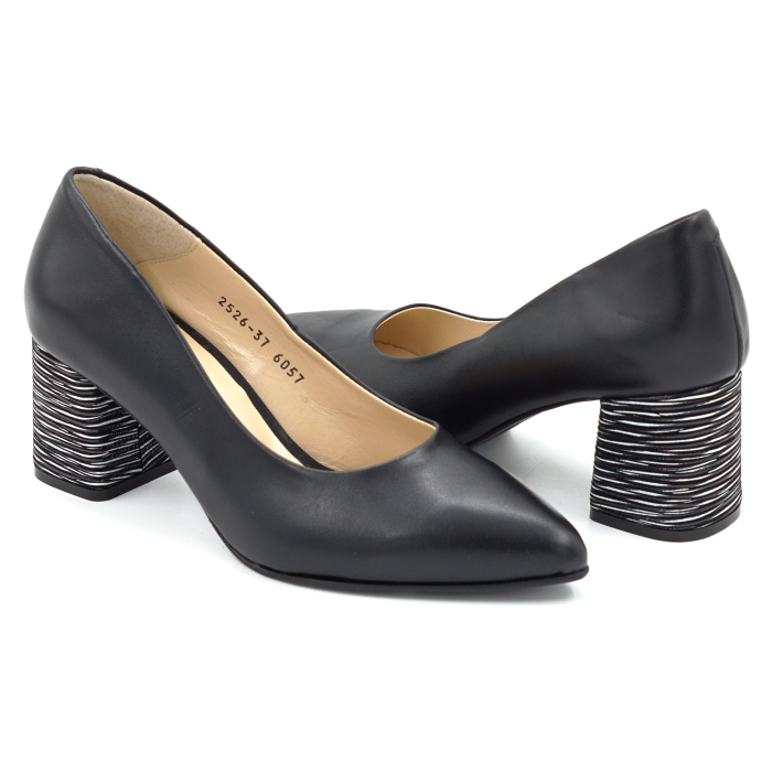 Pantofi dama din piele naturala neagra si cu imprimeu dungi cu varf ascutit stiletto si toc mic gros imbracat de 6 cm 6057-9-25 [4]