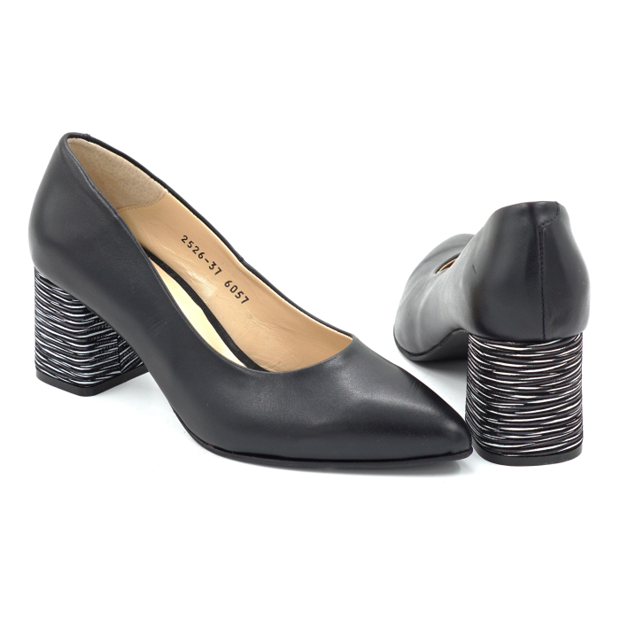 Pantofi dama din piele naturala neagra si cu imprimeu dungi cu varf ascutit stiletto si toc mic gros imbracat de 6 cm 6057-9-25 [5]