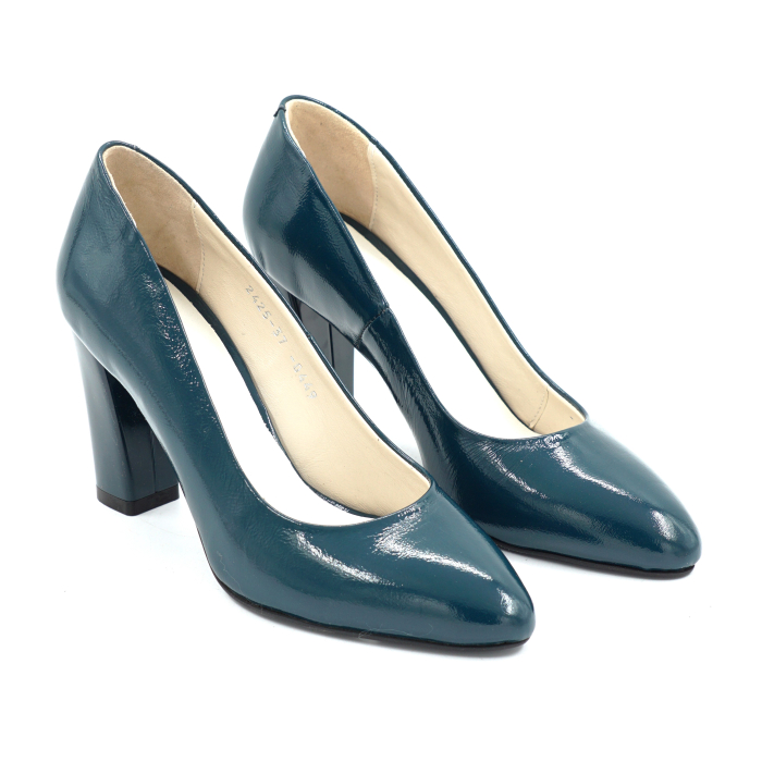 Pantofi dama din piele naturala lacuita verde inchis cu varf ascutit si toc mediu gros de 8 cm 0449-1-24 [3]