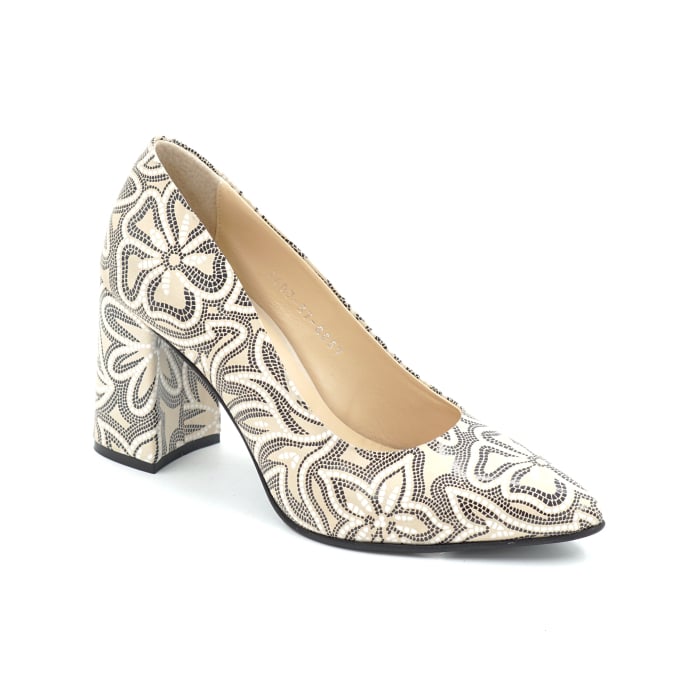 Pantofi dama din piele naturala nude bej cu imprimeu negru cu varf ascutit stiletto si toc mediu gros imbracat de 8 cm 8057-1-26 [2]