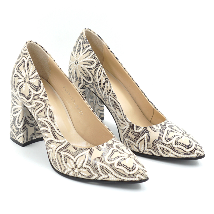 Pantofi dama din piele naturala nude bej cu imprimeu negru cu varf ascutit stiletto si toc mediu gros imbracat de 8 cm 8057-26 [3]