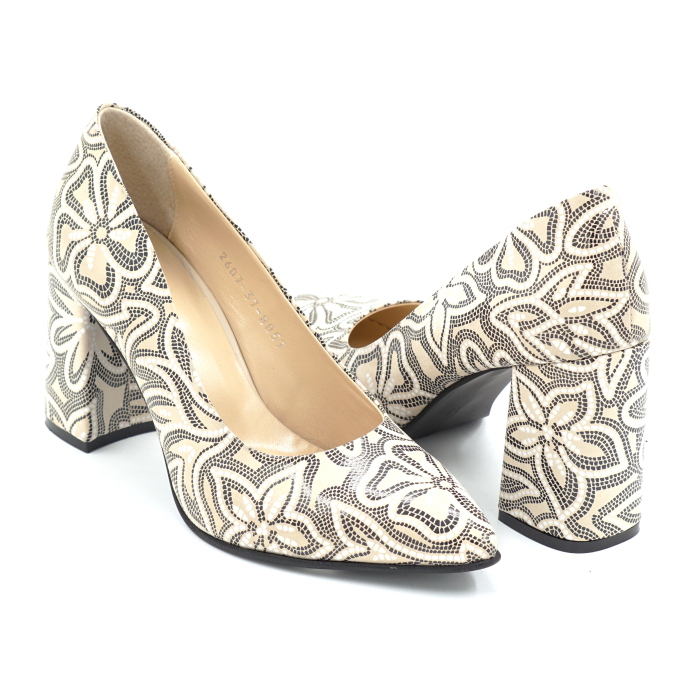 Pantofi dama din piele naturala nude bej cu imprimeu negru cu varf ascutit stiletto si toc mediu gros imbracat de 8 cm 8057-26 [4]