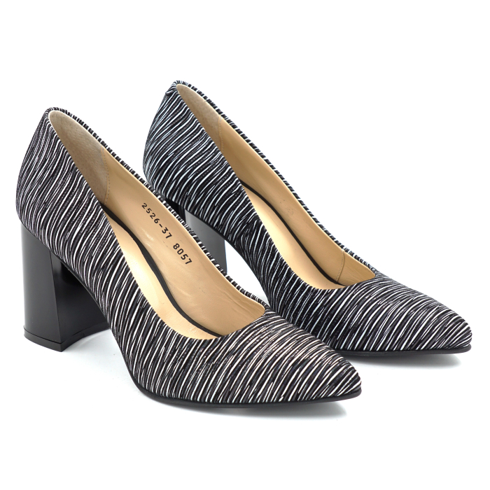 Pantofi dama din piele naturala cu imprimeu dungi albe cu varf ascutit stiletto si toc mediu gros de 8 cm 8057-10-25 - Copie [3]