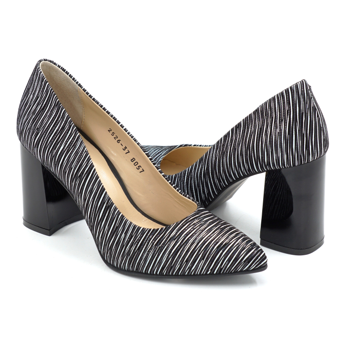 Pantofi dama din piele naturala cu imprimeu dungi albe cu varf ascutit stiletto si toc mediu gros de 8 cm 8057-10-25 [4]