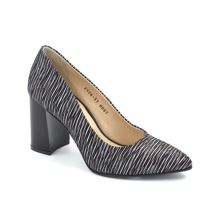 Pantofi dama din piele naturala cu imprimeu dungi albe cu varf ascutit stiletto si toc mediu gros de 8 cm 8057-10-25 - Copie [2]