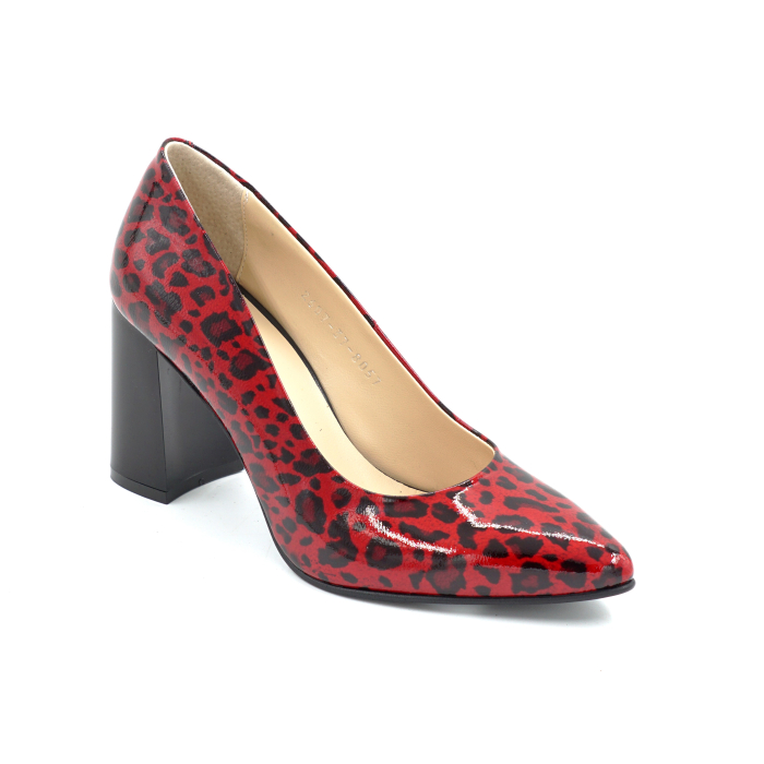 Pantofi dama din piele naturala lacuita rosie cu imprimeu leopard cu cu varf ascutit stiletto si toc mediu gros de 8 cm 8057-2-26 [2]