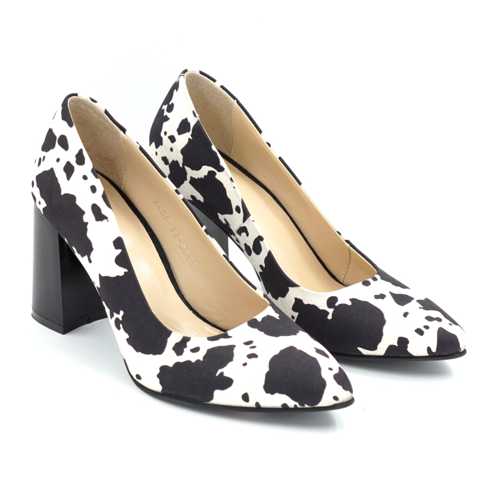 Pantofi dama din piele naturala alba cu pete negre cu varf ascutit stiletto si toc mediu gros de 8 cm 8057-26 [3]