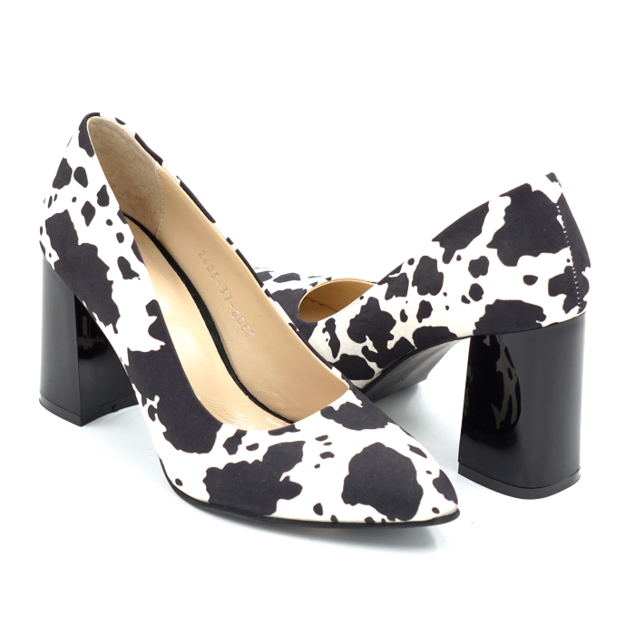 Pantofi dama din piele naturala alba cu pete negre cu varf ascutit stiletto si toc mediu gros de 8 cm 8057-26 [4]