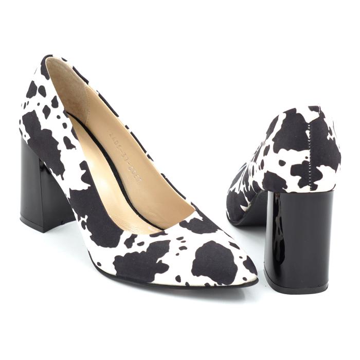 Pantofi dama din piele naturala alba cu pete negre cu varf ascutit stiletto si toc mediu gros de 8 cm 8057-26 [5]