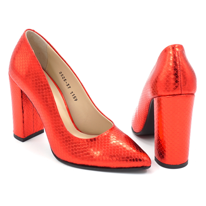 Pantofi dama din piele naturala sarpe rosu sidefat cu varf ascutit stiletto si toc inalt gros imbracat de 9 cm 1159-3-25 [5]