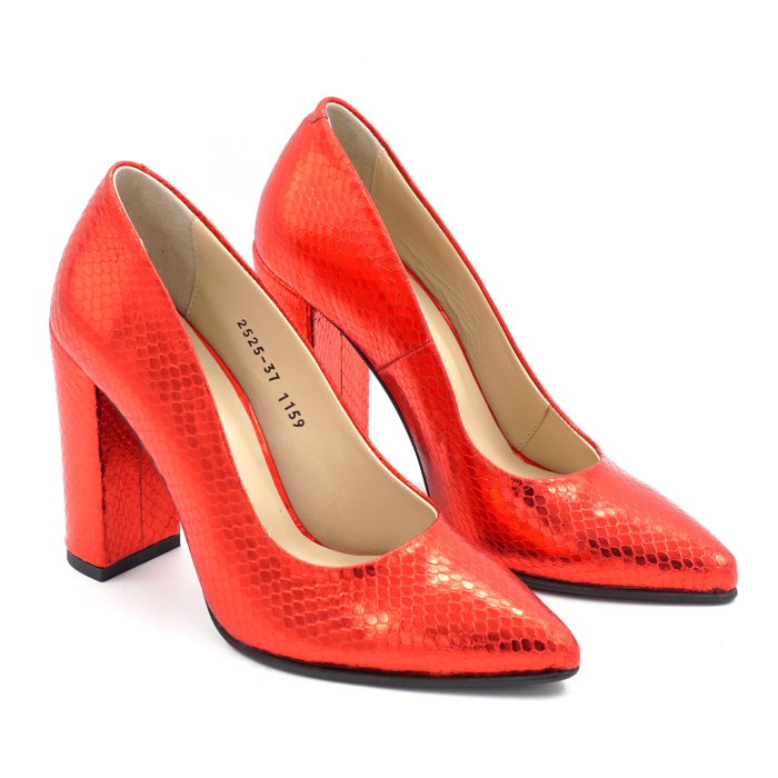 Pantofi dama din piele naturala sarpe rosu sidefat cu varf ascutit stiletto si toc inalt gros imbracat de 9 cm 1159-3-25 [3]