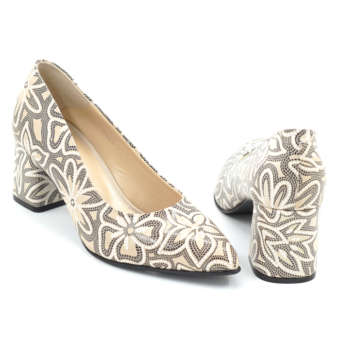 Pantofi dama din piele naturala nude bej cu imprimeu, cu varf ascutit stiletto si toc mic gros imbracat de 6 cm 6057-26 [5]