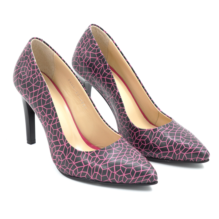 Pantofi dama din piele naturala neagra cu insertii fucsia cu varf ascutit stiletto si toc inalt subtire de 9 cm 9557-1-26 [3]