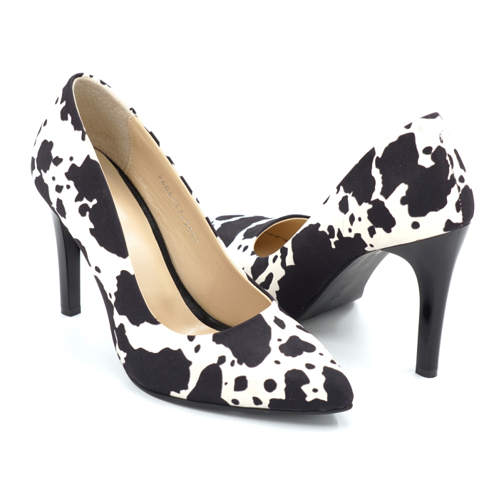Pantofi dama din piele naturala neagra cu pete albe cu varf ascutit stiletto si toc inalt subtire de 9 cm 9557-26 [4]