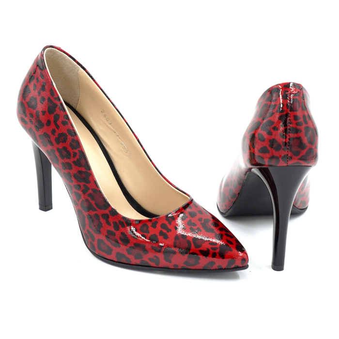 Pantofi dama din piele naturala lacuita rosie cu imprimeu leopard cu varf ascutit stiletto si toc inalt subtire de 9 cm 9557-3-26 [5]