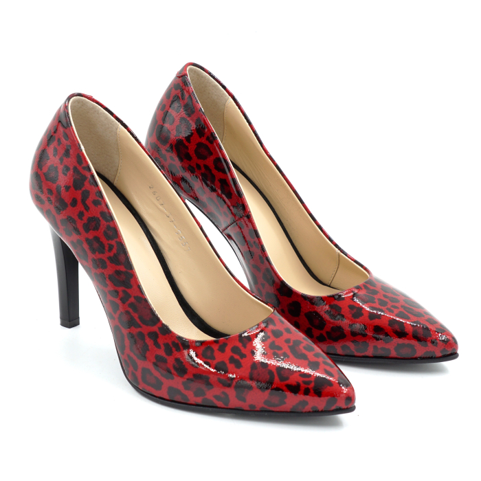 Pantofi dama din piele naturala lacuita rosie cu imprimeu leopard cu varf ascutit stiletto si toc inalt subtire de 9 cm 9557-3-26 [3]