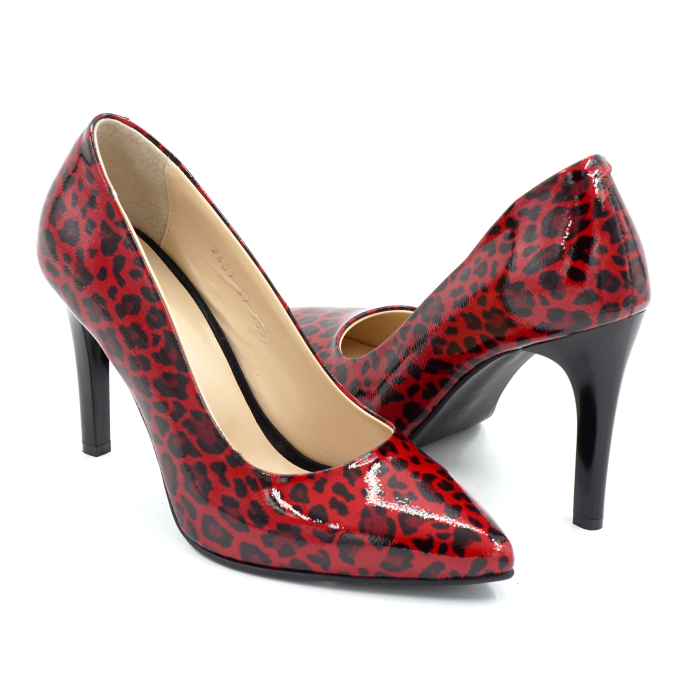Pantofi dama din piele naturala lacuita rosie cu imprimeu leopard cu varf ascutit stiletto si toc inalt subtire de 9 cm 9557-3-26 [4]