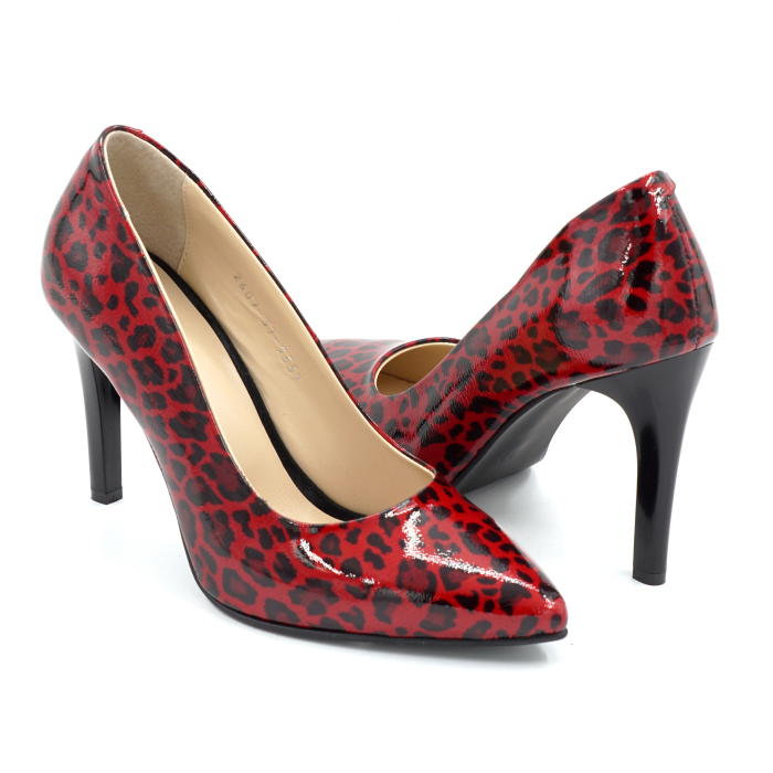 Pantofi dama din piele naturala lacuita rosie cu imprimeu leopard cu varf ascutit stiletto si toc inalt subtire  de 9 cm 9557-3-26 [4]