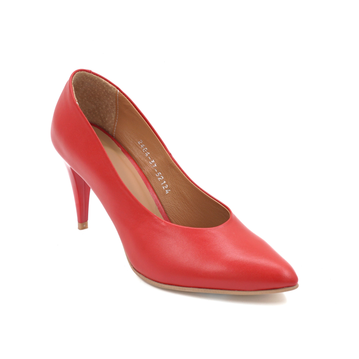 Pantofi dama din piele naturala rosie cu varf ascutit stiletto si toc mediu subtire de 8 cm 52124-24 [2]
