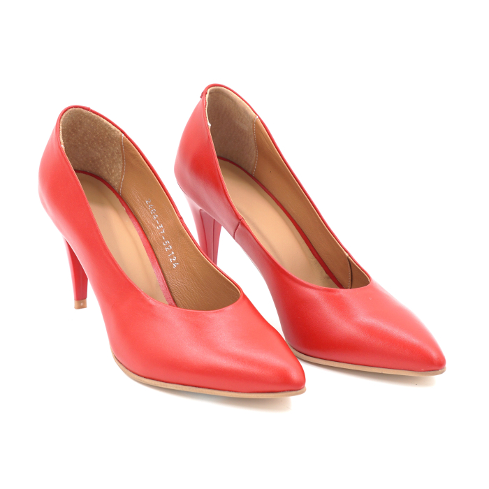 Pantofi dama din piele naturala rosie cu varf ascutit stiletto si toc mediu subtire de 8 cm 52124-24 [3]