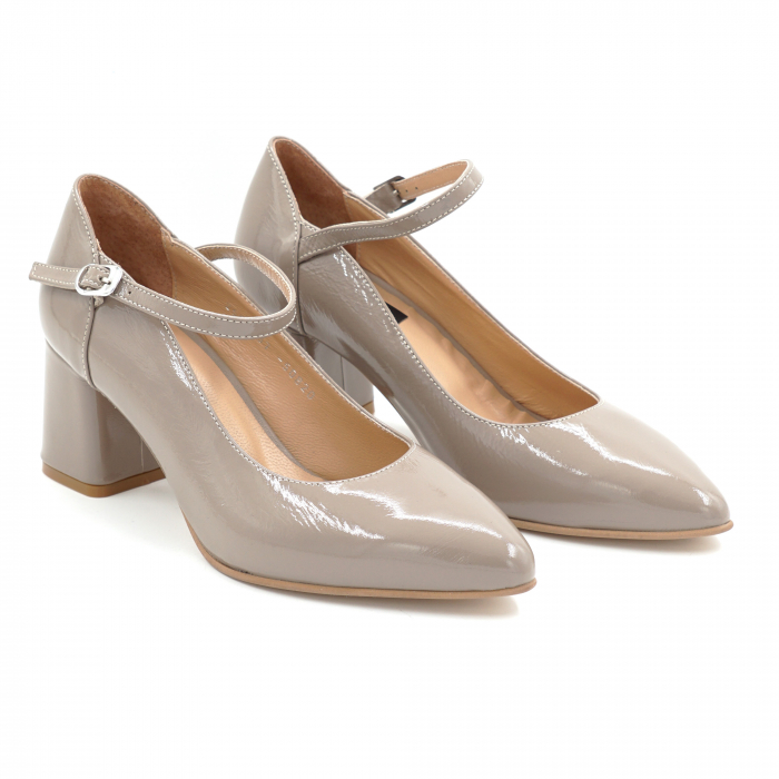 Pantofi dama din piele naturala lacuita grej cu varf ascutit stiletto si toc mic gros imbracat de 6 cm 50820-3-25 [3]