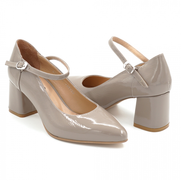 Pantofi dama din piele naturala lacuita grej cu varf ascutit stiletto si toc mic gros imbracat de 6 cm 50820-3-25 [4]