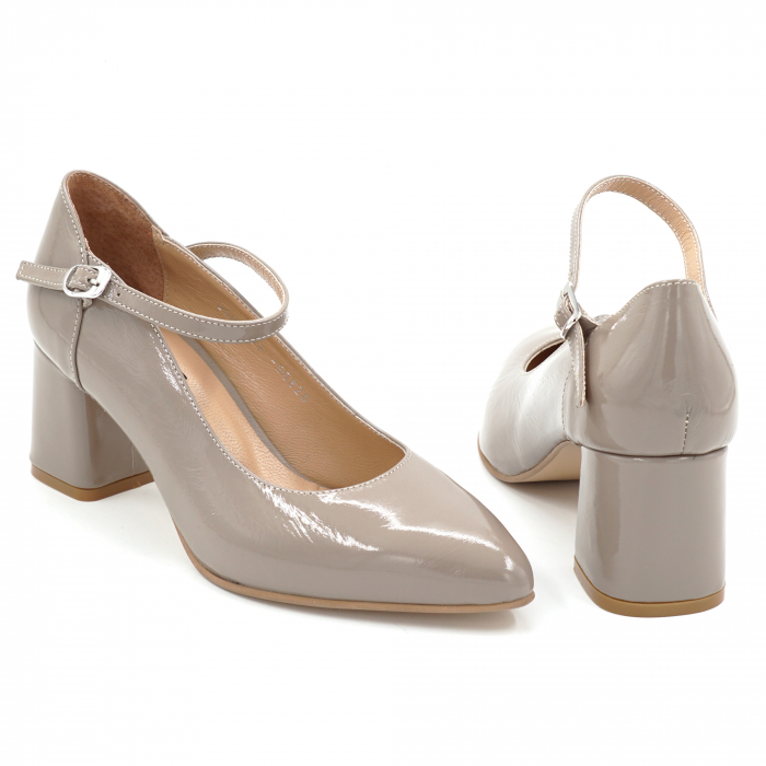 Pantofi dama din piele naturala lacuita grej cu varf ascutit stiletto si toc mic gros imbracat de 6 cm 50820-3-25 [5]