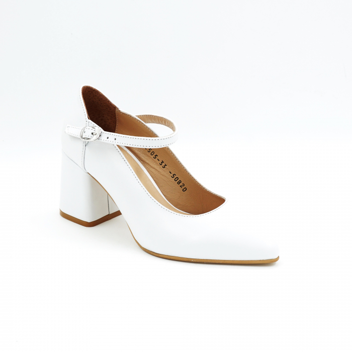 Pantofi dama din piele naturala alba cu varf ascutit stiletto si toc mic gros imbracat de 6 cm 50820-6-25 [2]