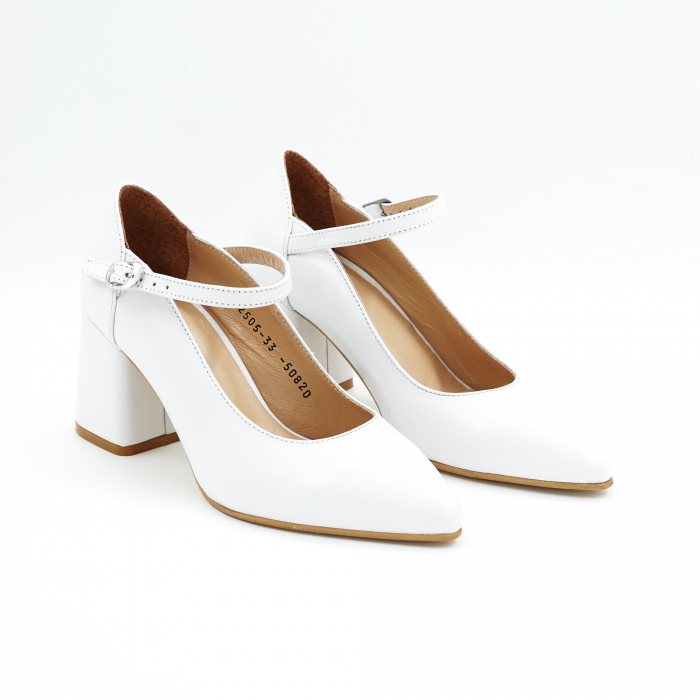 Pantofi dama din piele naturala alba cu varf ascutit stiletto si toc mic gros imbracat de 6 cm 50820-6-25 [3]