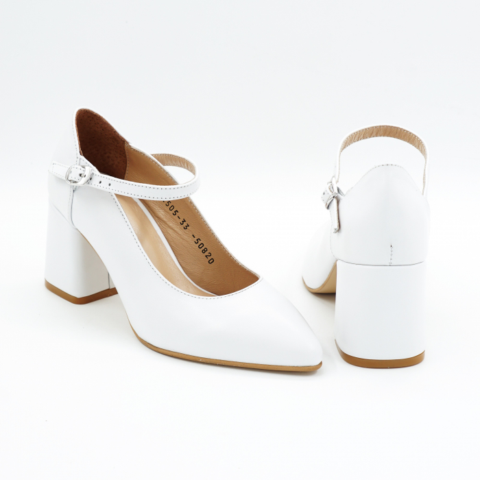Pantofi dama din piele naturala alba cu varf ascutit stiletto si toc mic gros imbracat de 6 cm 50820-6-25 [5]