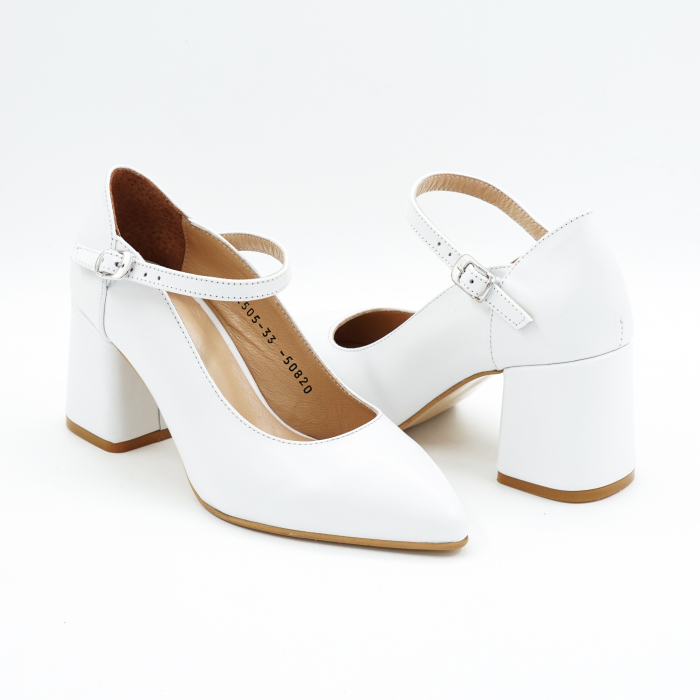 Pantofi dama din piele naturala alba cu varf ascutit stiletto si toc mic gros imbracat de 6 cm 50820-6-25 [4]