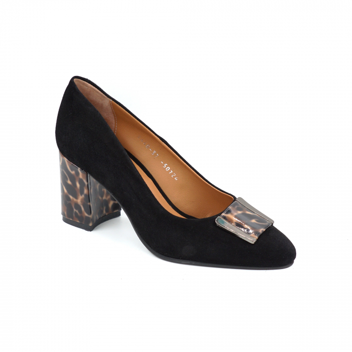 Pantofi dama din piele naturala intoarsa neagra si cu imprimeu animal print cu varf ascutit si toc mediu gros imbracat 7 cm 50724-1-25 [4]