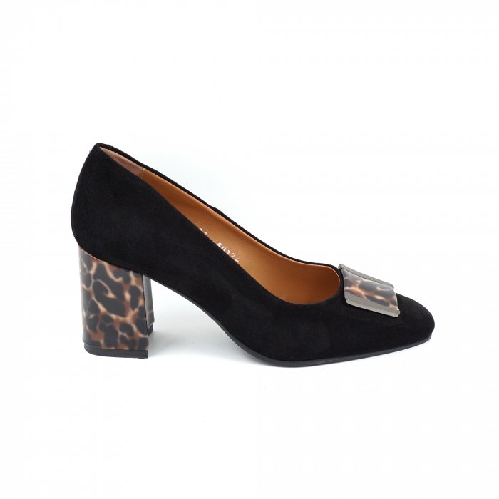 Pantofi dama din piele naturala intoarsa neagra si cu imprimeu animal print cu varf ascutit si toc mediu gros imbracat 7 cm 50724-1-25 [3]