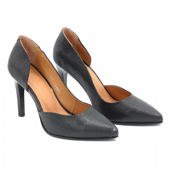 Pantofi dama decupati din piele naturala neagra cu imprimeu cu varf ascutit stiletto si toc inalt subtire de 9 cm 53925-25 [4]