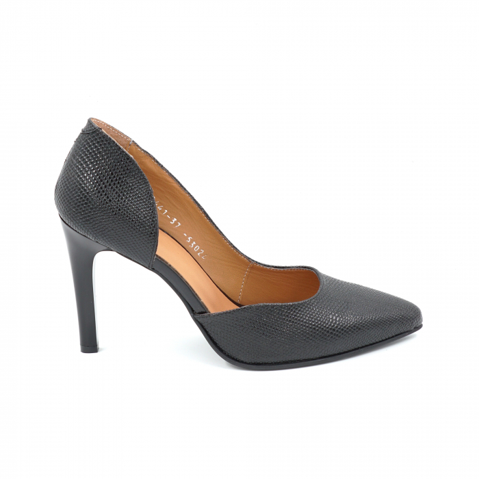 Pantofi dama decupati din piele naturala neagra cu imprimeu cu varf ascutit stiletto si toc inalt subtire de 9 cm 53925-25 [2]