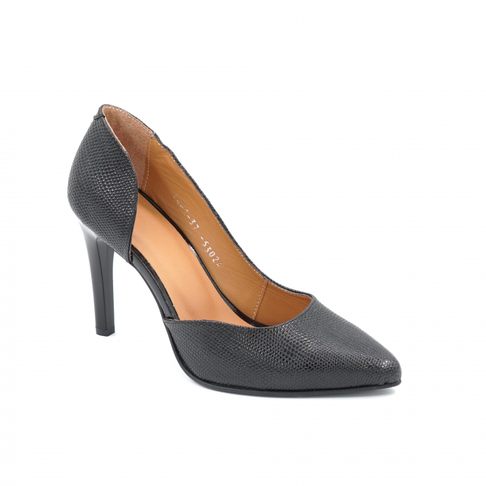 Pantofi dama decupati din piele naturala neagra cu imprimeu cu varf ascutit stiletto si toc inalt subtire de 9 cm 53925-25 [3]