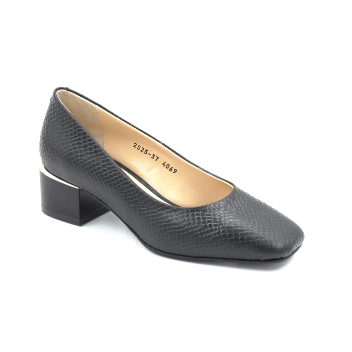 Pantofi dama din piele naturala neagra cu imprimeu sarpe cu varf patrat si toc mic gros de 4 cm 4069-1-25 [2]