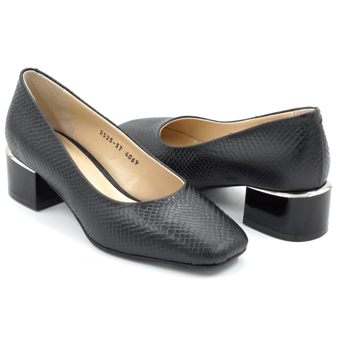 Pantofi dama din piele naturala neagra cu imprimeu sarpe cu varf patrat si toc mic gros de 4 cm 4069-1-25 [4]