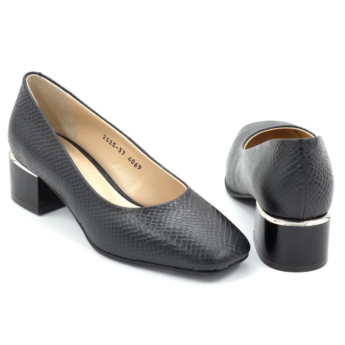 Pantofi dama din piele naturala neagra cu imprimeu sarpe cu varf patrat si toc mic gros de 4 cm 4069-1-25 [5]