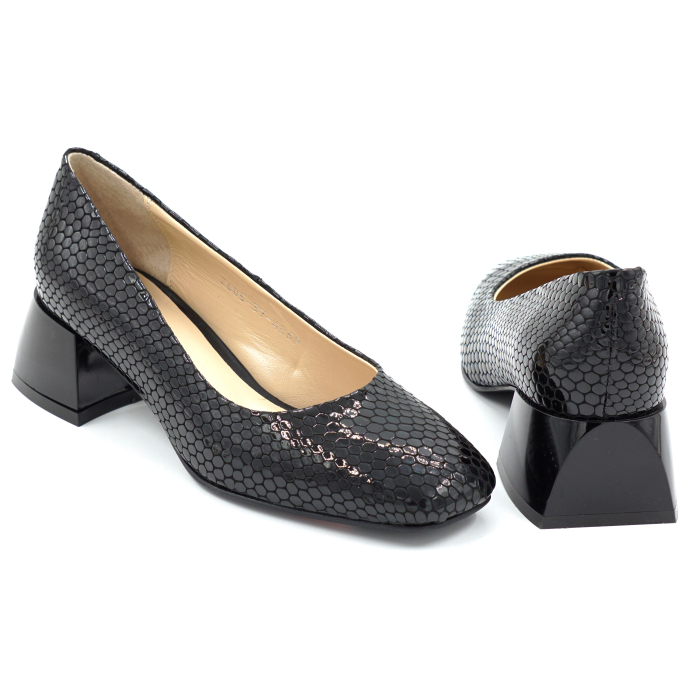 Pantofi dama din piele naturala croco lac negru cu varf patrat si toc mic gros de 4 cm 4069-2-26 [5]