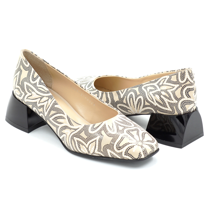 Pantofi dama din piele naturala nude bej cu imprimeu cu varf patrat si toc mic gros de 4 cm 4069-26 [4]