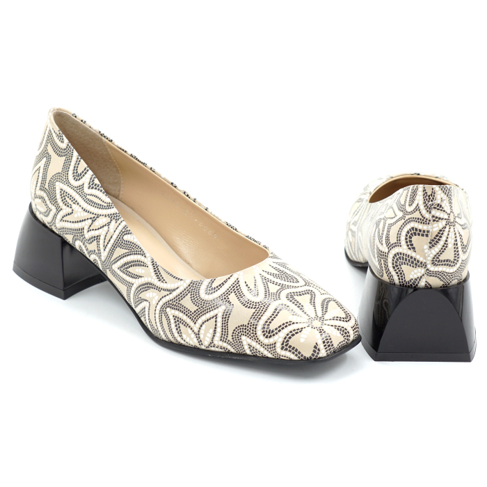 Pantofi dama din piele naturala nude bej cu imprimeu cu varf patrat si toc mic gros de 4 cm 4069-26 [5]
