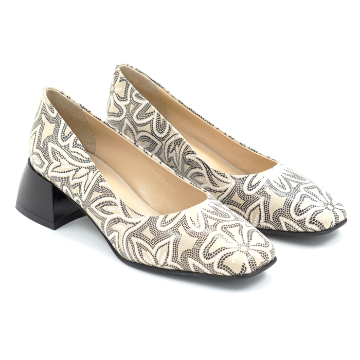 Pantofi dama din piele naturala nude bej cu imprimeu cu varf patrat si toc mic gros de 4 cm 4069-26 [3]