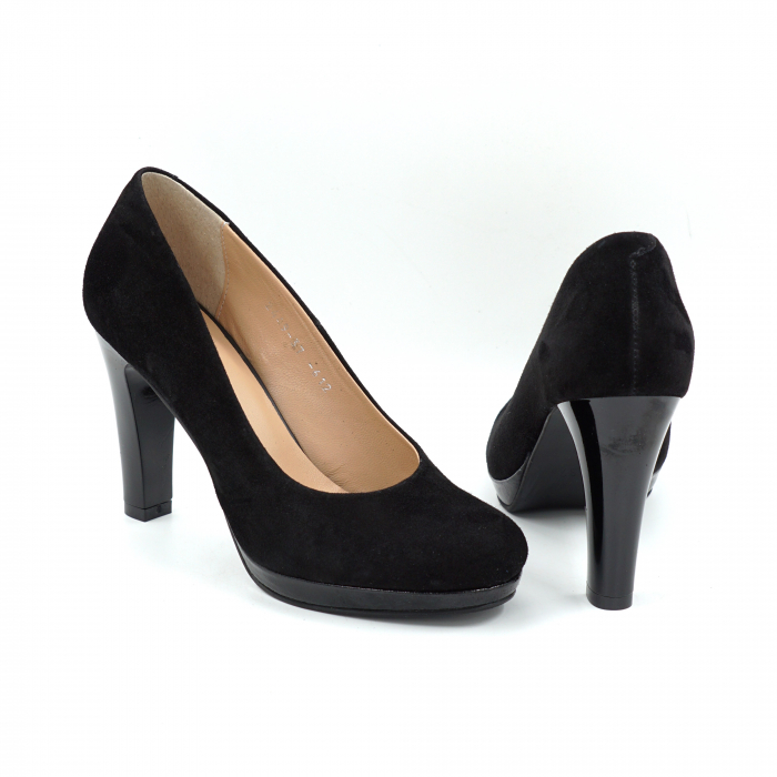 Pantofi dama din piele naturala intoarsa neagra cu varf rotund, platforma 1 cm si toc inalt gros 10 cm 0612-1-25 [5]